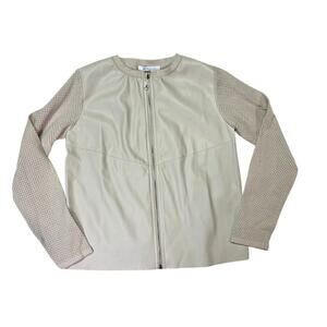 Sioni | Beige Knit Mesh Sleeve Sweater, Cardigan, Gold Zipper, Leather Jacket